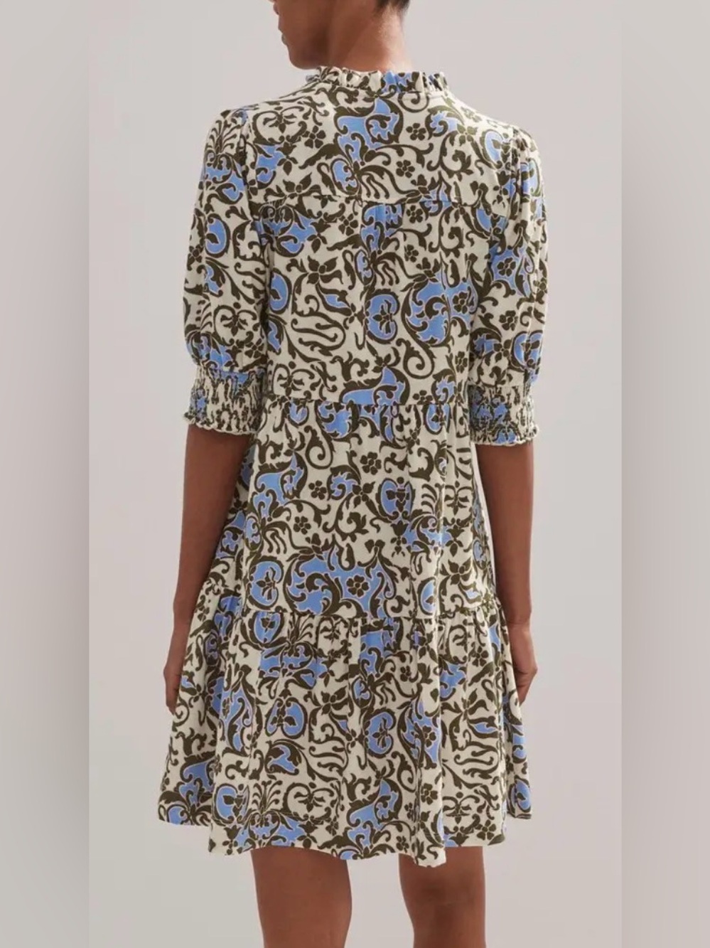 ME+EM Batik Floral Print Mini Slub Dress Cream & Blue Size 2 - Picture 4 of 11